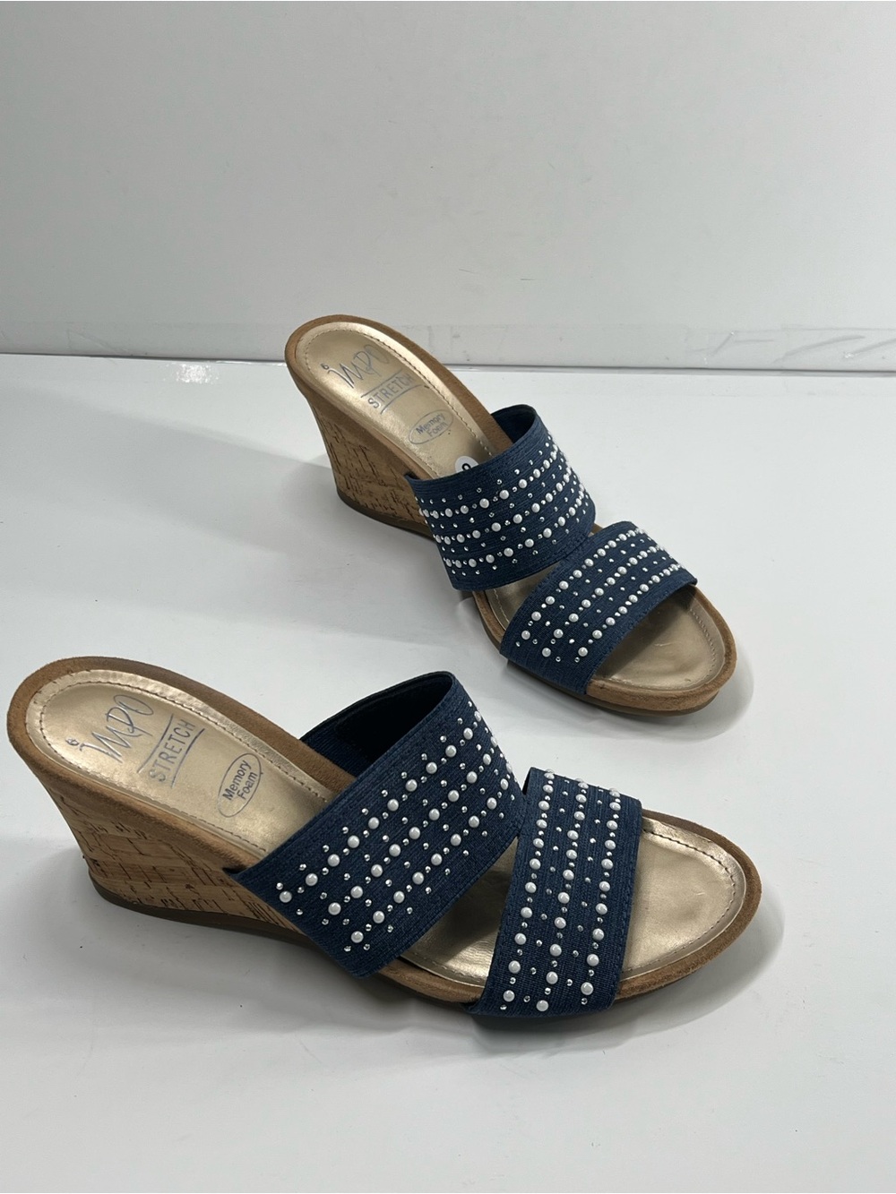 Impo Stretch Women’s 8.5M Navy Rhinestone Cork Wedge Slide Sandals